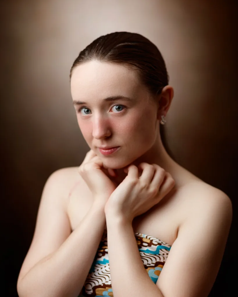 Portrait of woman with thoughtful expression.