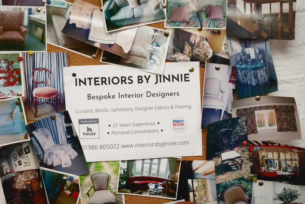Interior design collage with business card and photos.