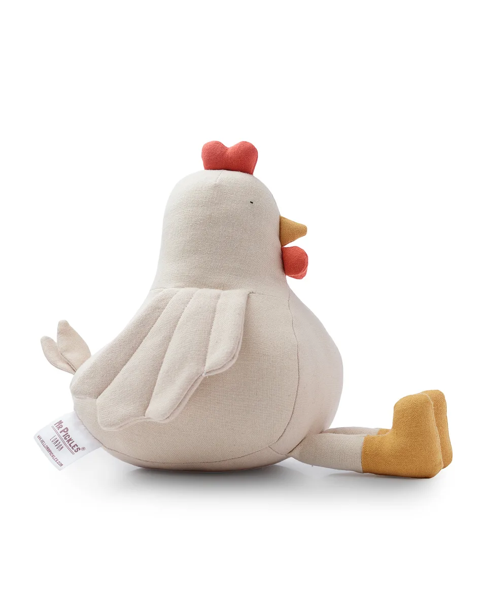 Plush chicken toy with orange feet and red comb.