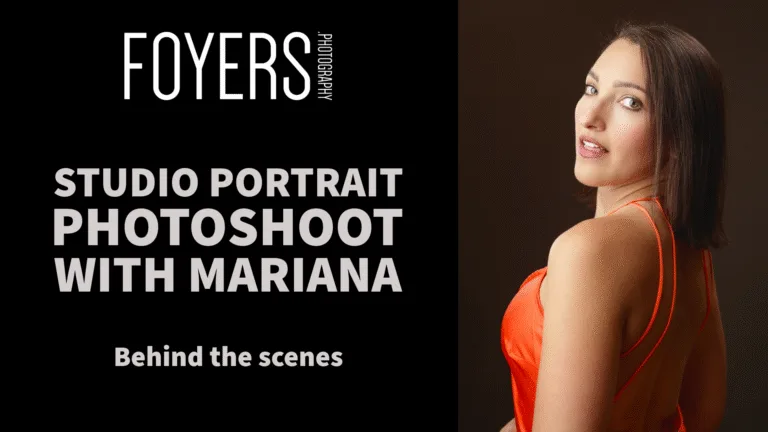 Studio photoshoot with model in orange dress.