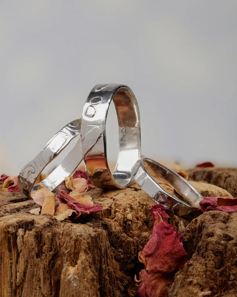 Silver rings on wooden surface with dried petals.