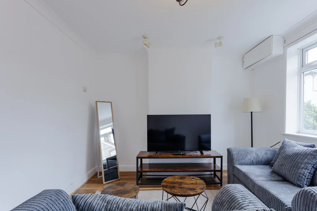 Modern living room with TV and grey sofa.