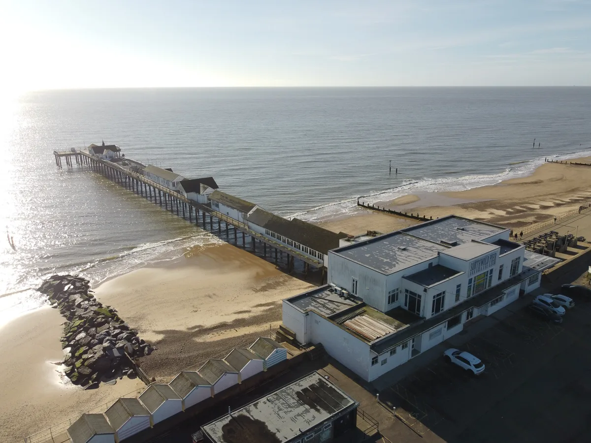 Aerial view of Southwold pier and beach, Suffolk