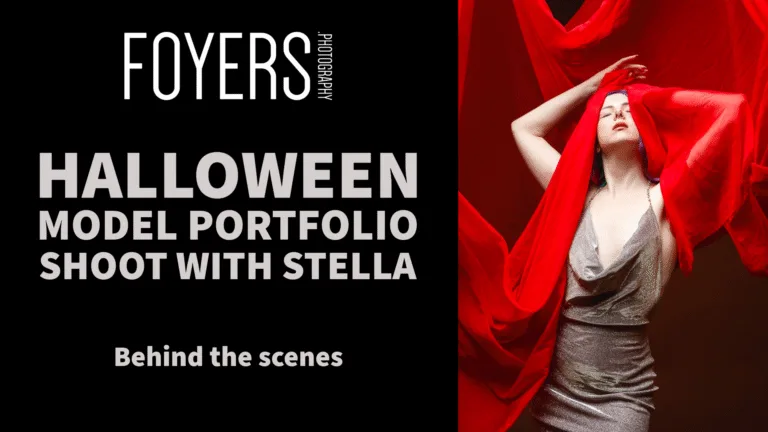 Model in red fabric during Halloween photo shoot.