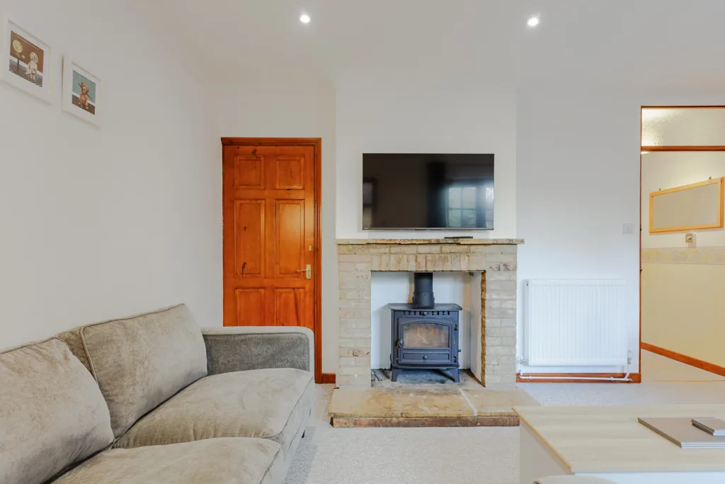 Cozy living room with fireplace and sofa.