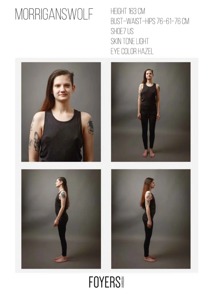 Model profile with various poses and measurements.
