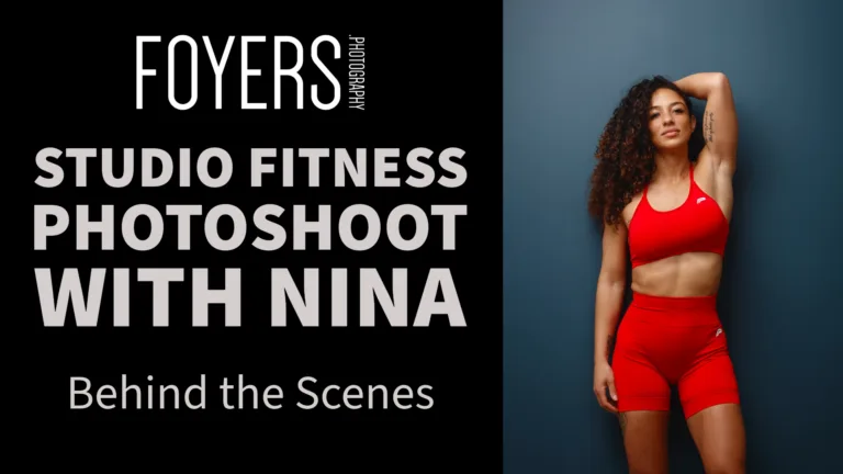 Studio fitness photoshoot with woman in red attire.