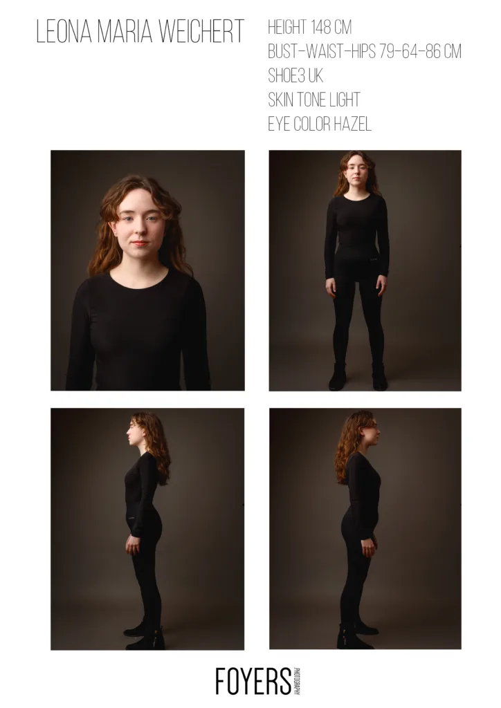 Model portfolio composite with measurements and portraits
