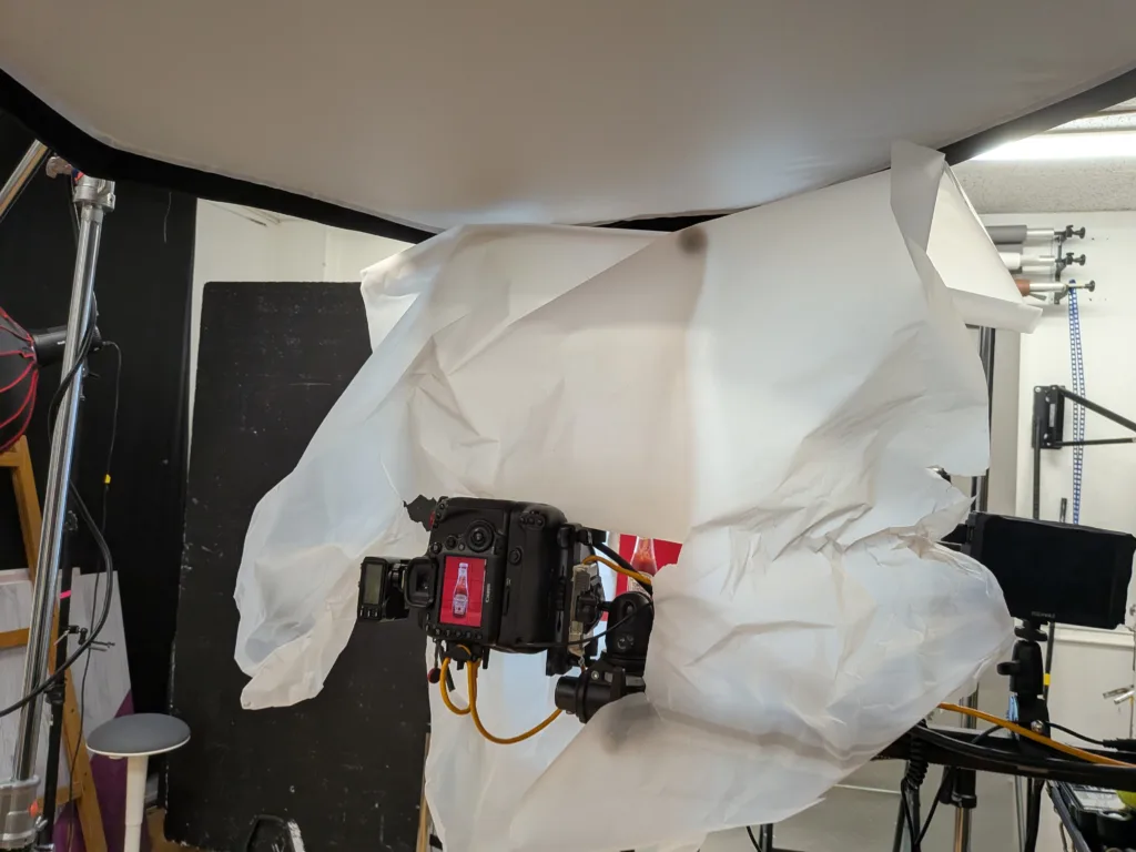 Camera setup with lighting and diffusion paper