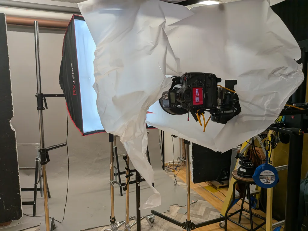 Studio camera setup with lighting and softbox equipment