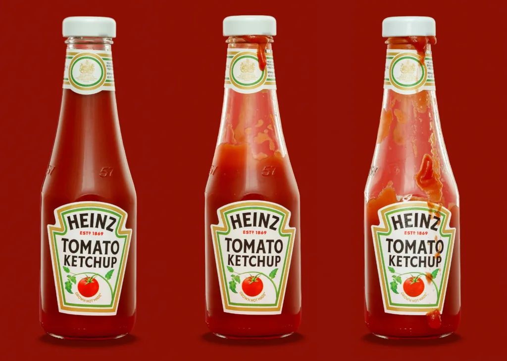 Three Heinz tomato ketchup bottles on red background