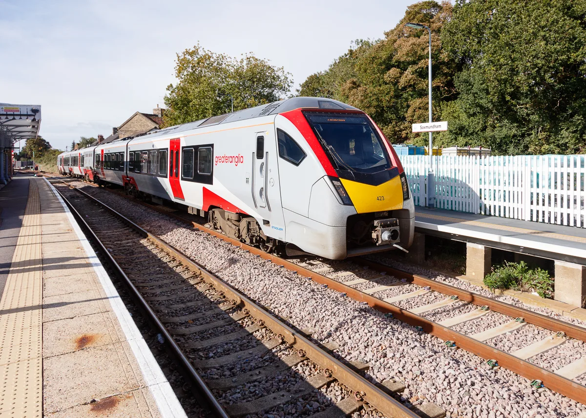 Greater Anglia train arriving at Saxmundham railway station
