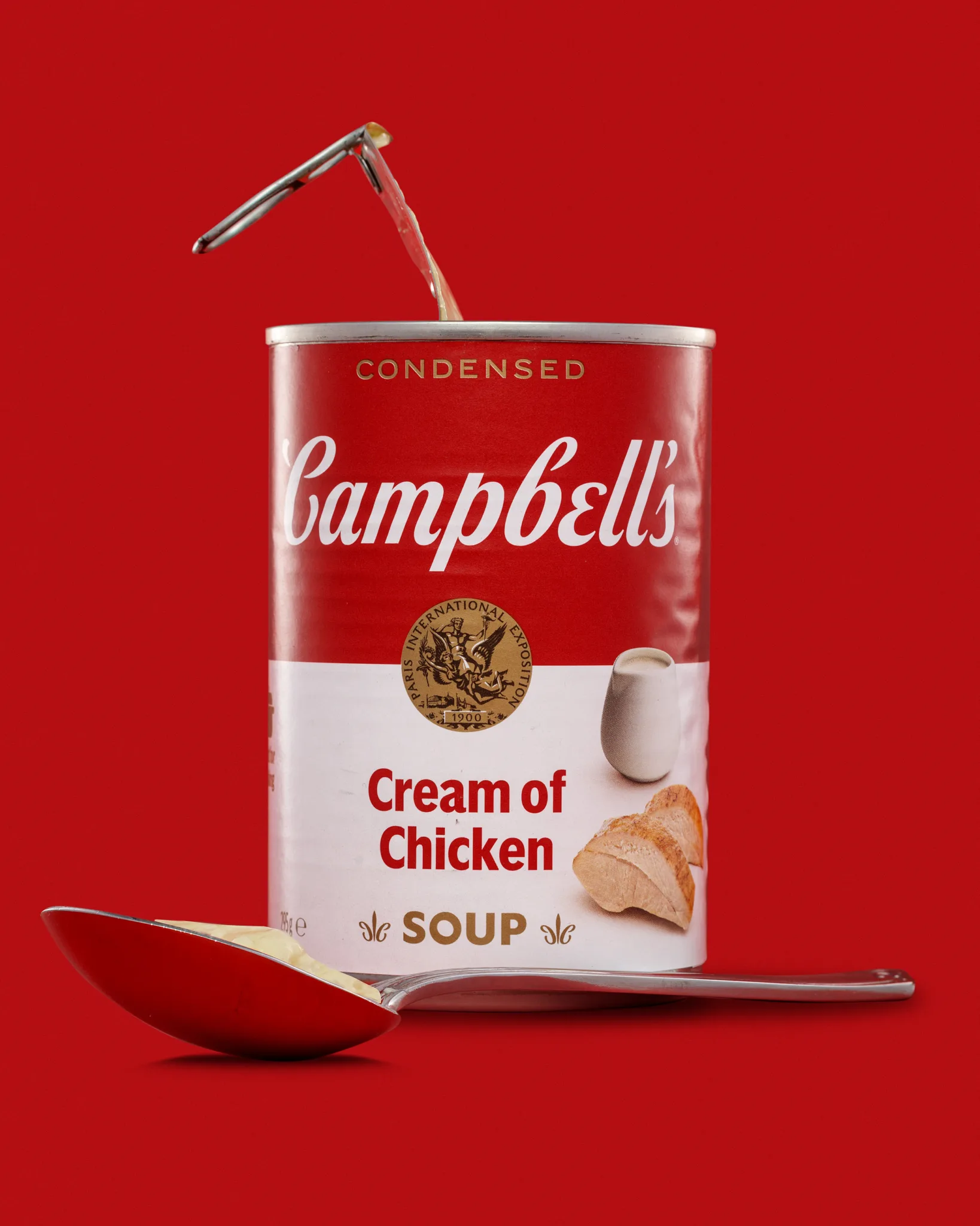 Campbell’s cream of chicken soup can and spoon