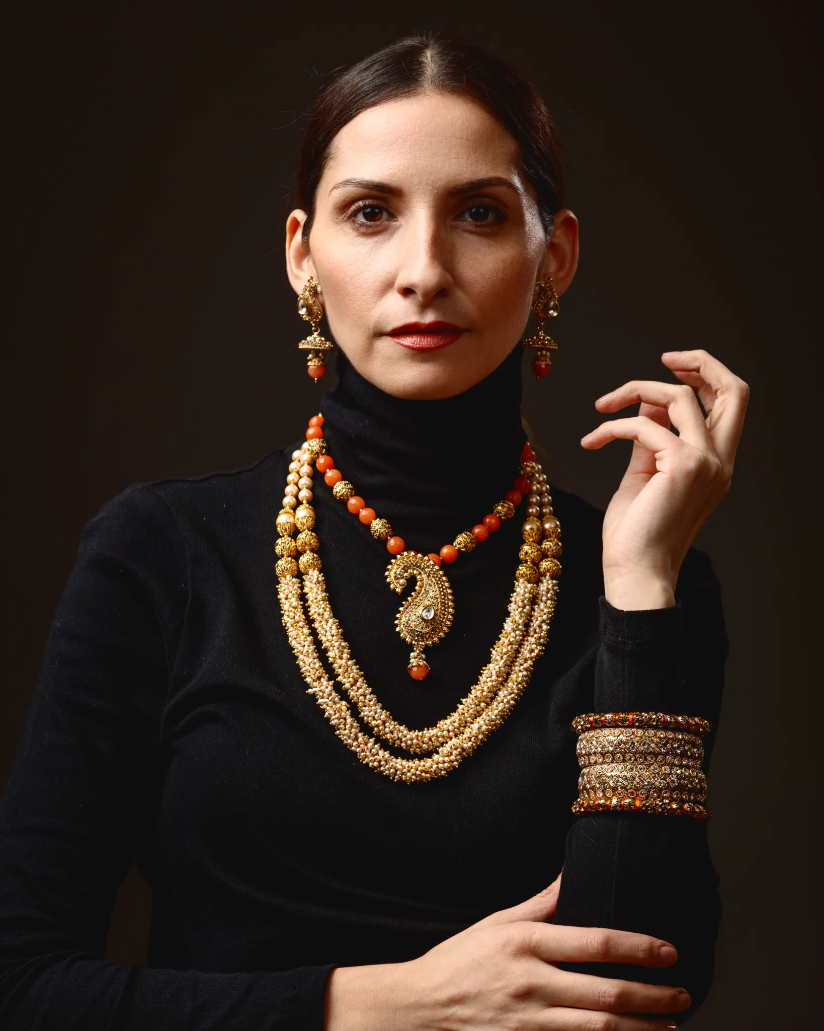 Woman wearing ornate jewellery, elegant portrait