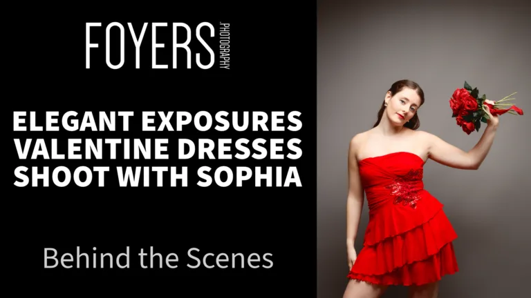 Sophia in red dress holding roses, elegant photoshoot.