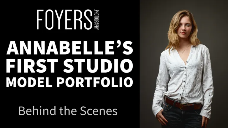 Studio portrait of woman beside portfolio title text