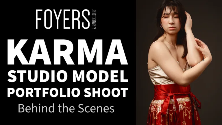 Studio model portrait with promotional text overlay