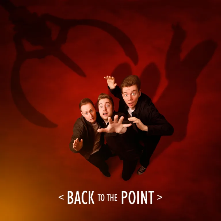 Three men posing against a red background on the Back to the Point poster