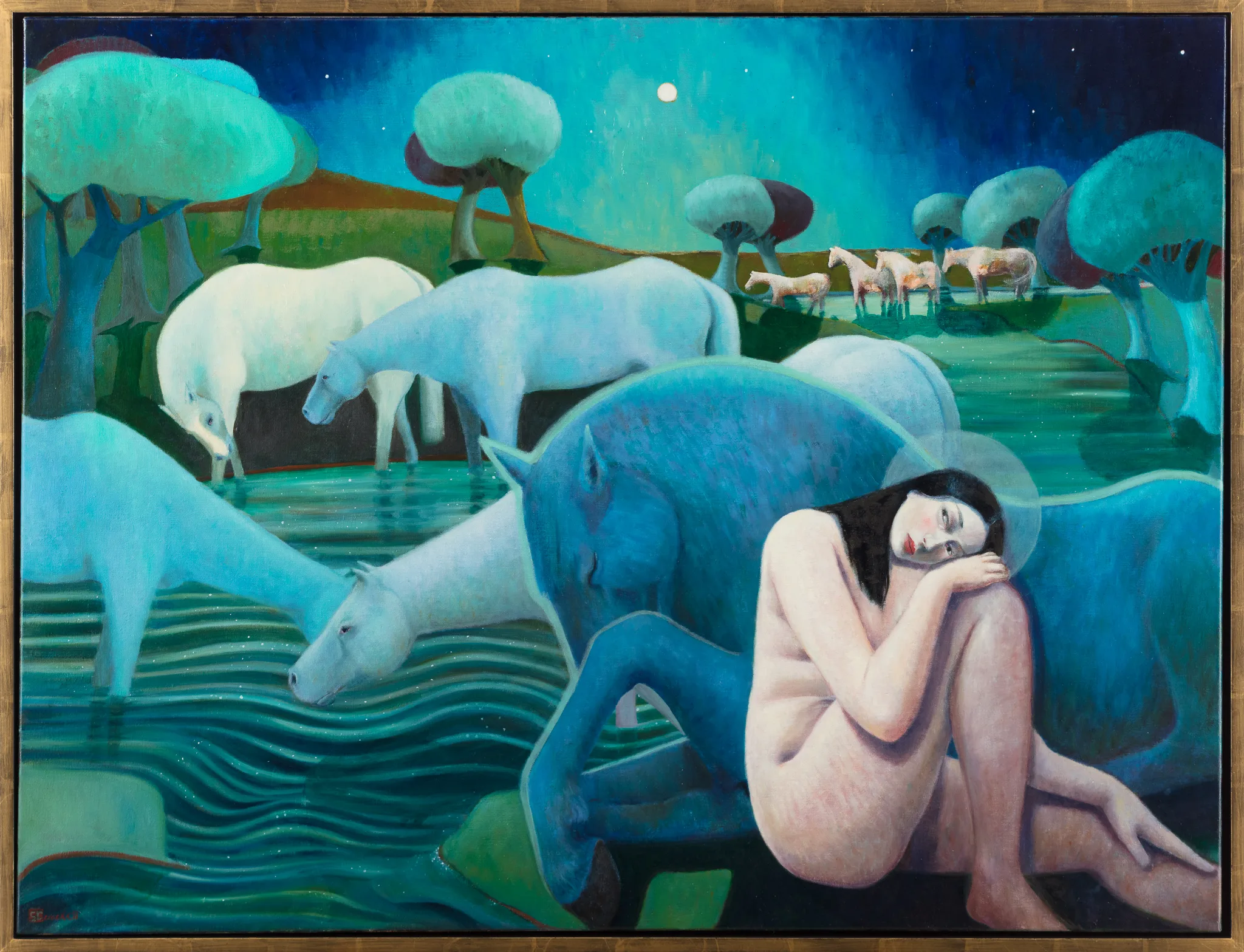 Nude woman with horses in moonlit landscape