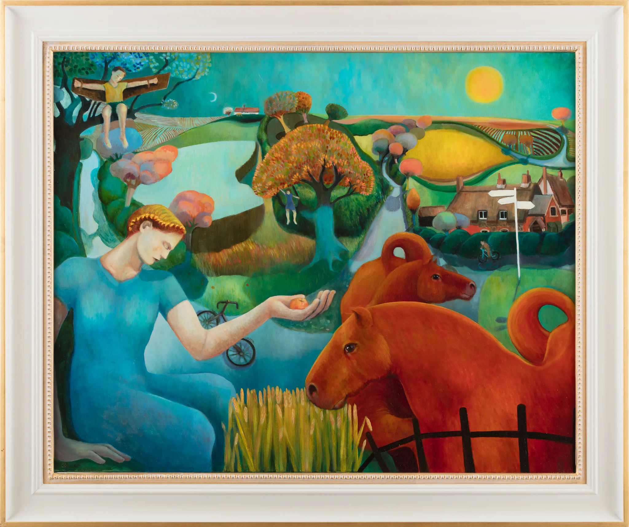 Surreal countryside painting with woman and red horse