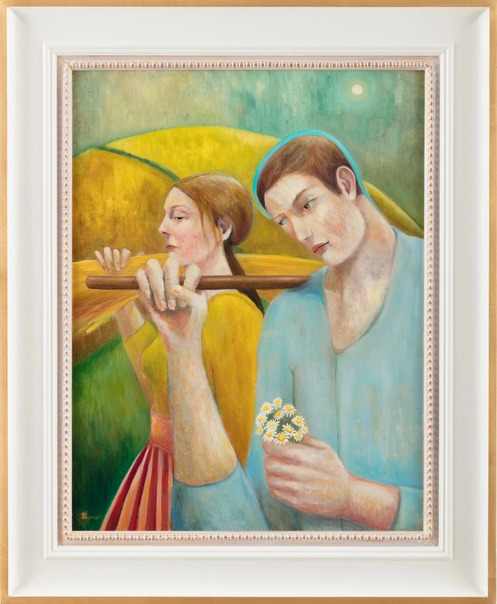 Framed painting of couple in pastoral landscape