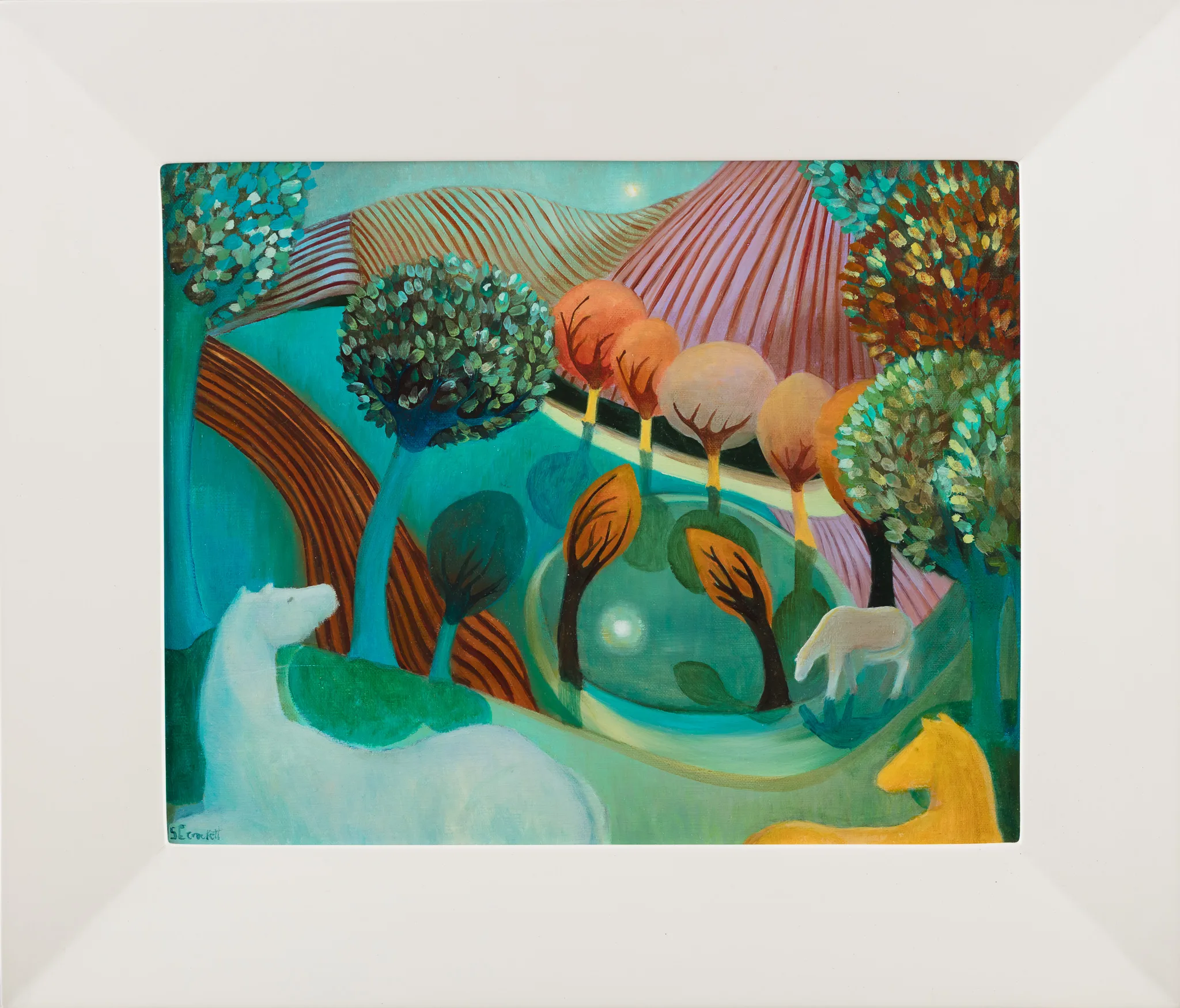Colourful abstract landscape with trees and deer
