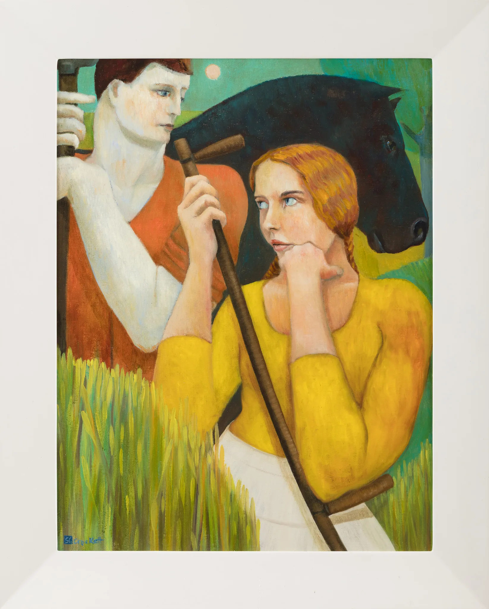 Stylised painting of couple with horse in field
