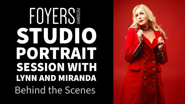 Woman in red coat studio portrait session poster