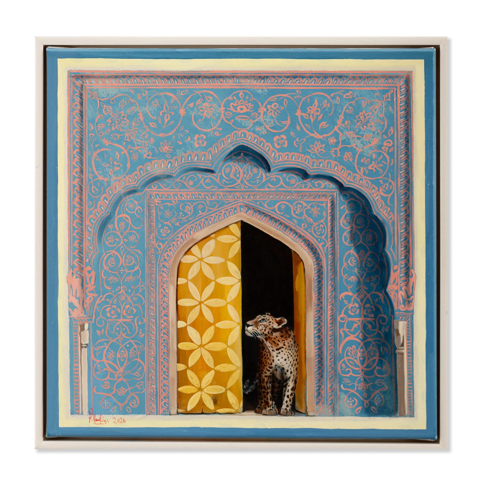 Leopard peering through ornate blue and gold doorway