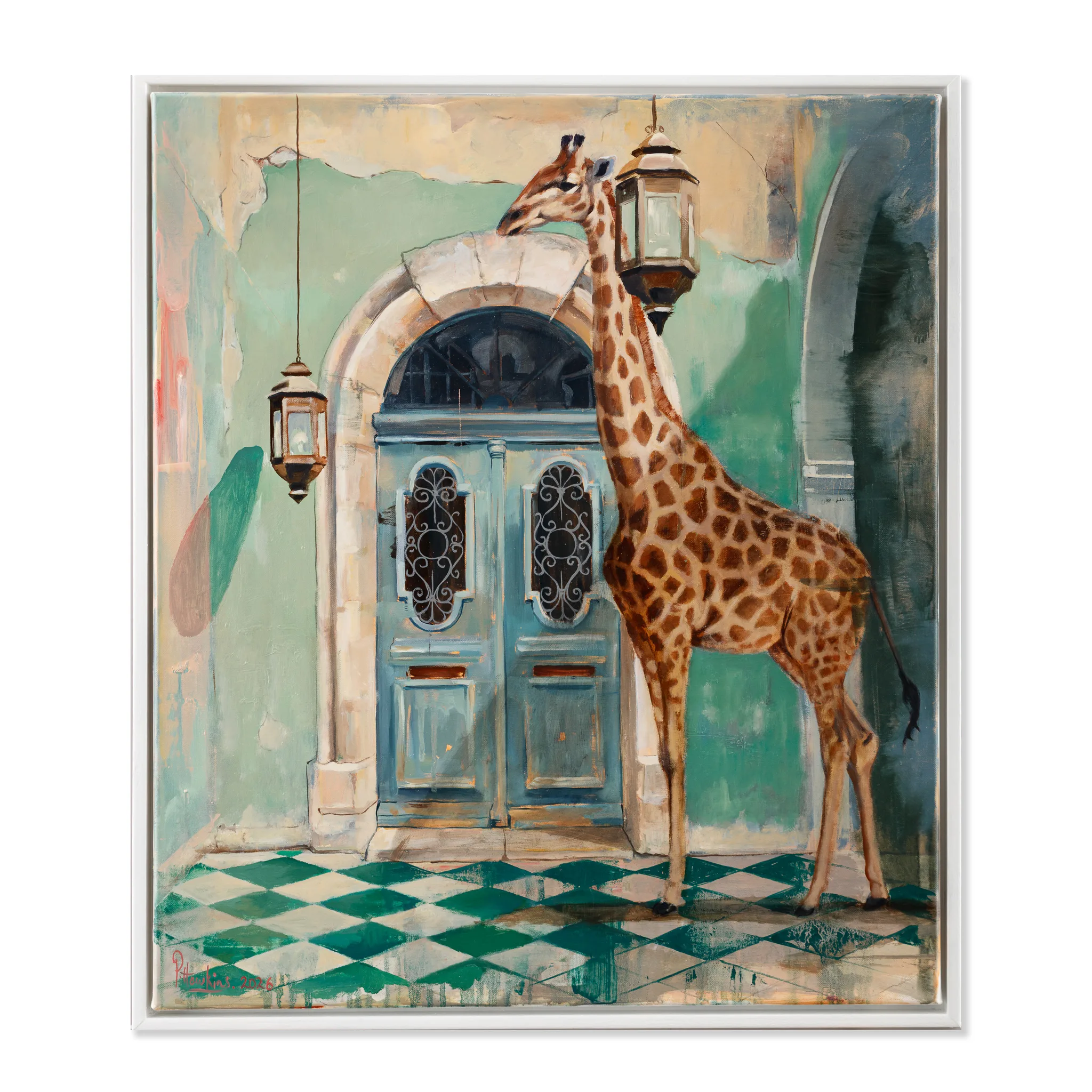 Giraffe reaching towards lantern by blue ornate door