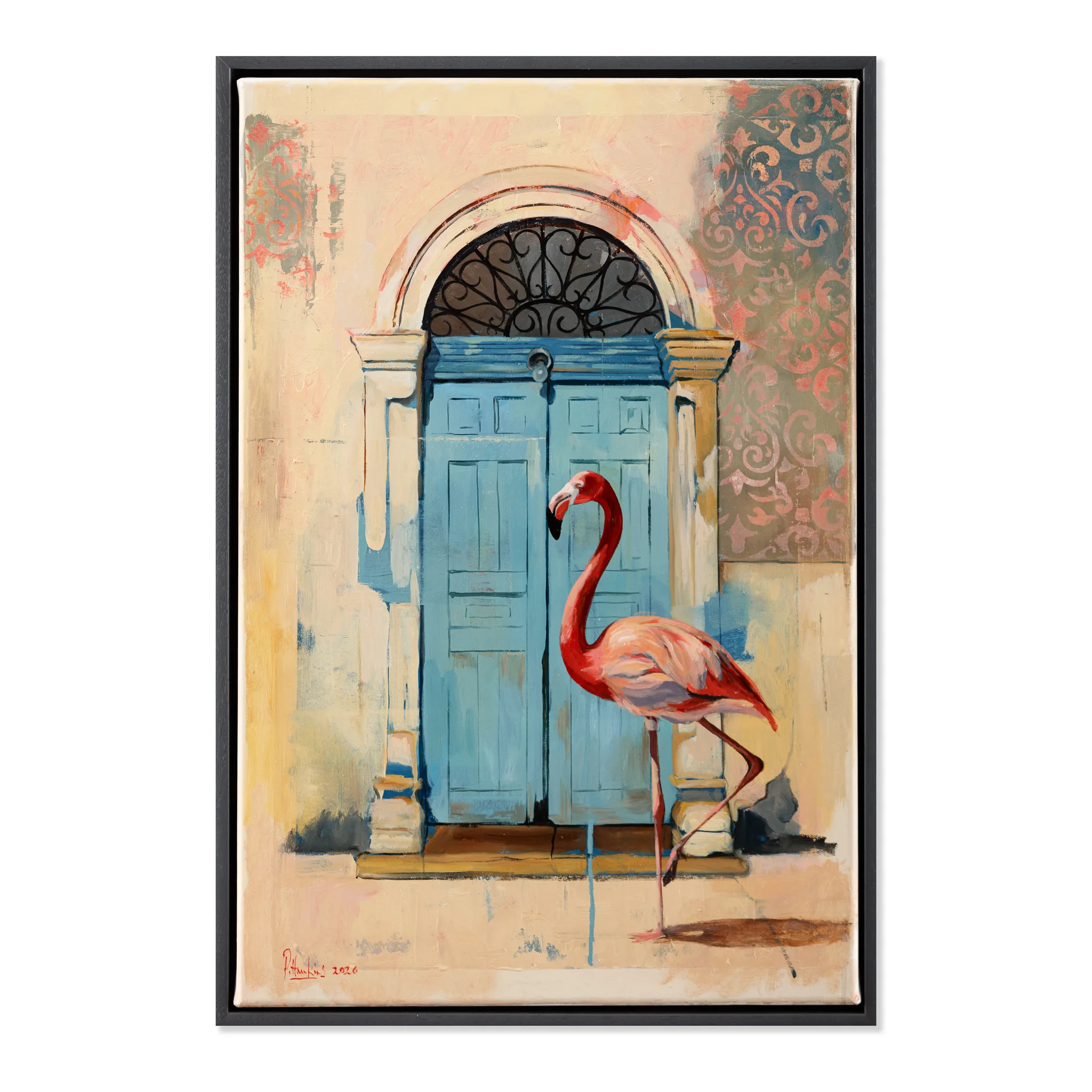 Red flamingo standing before ornate blue arched doorway