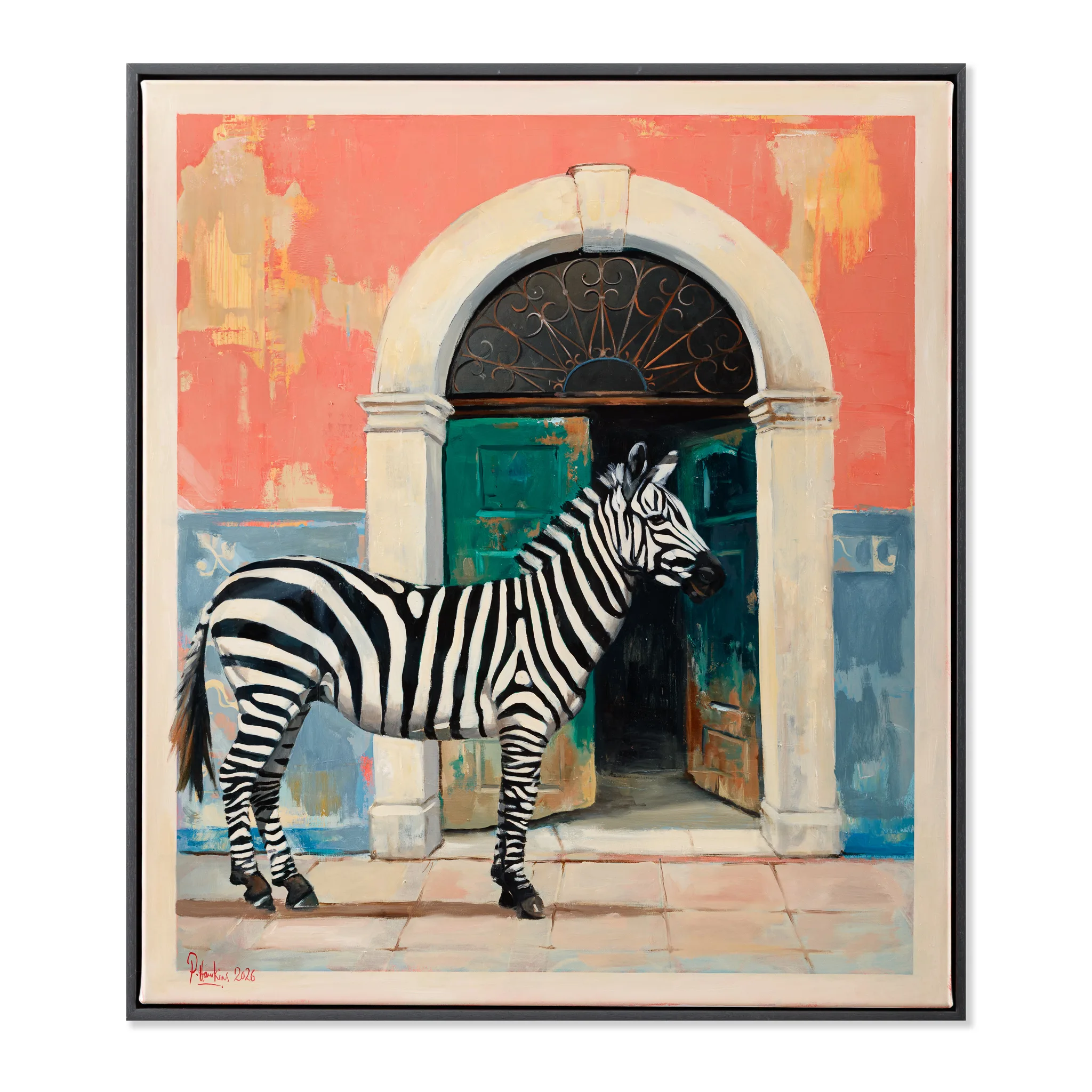 Zebra standing before ornate arched doorway with vibrant walls