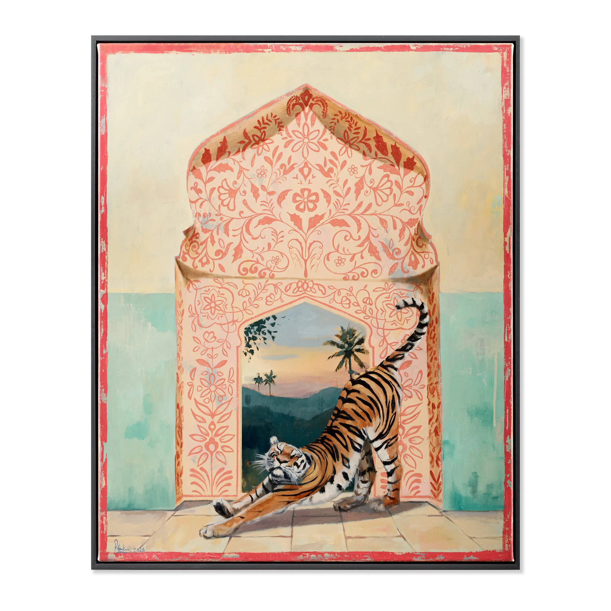 Tiger stretching beneath ornate coral archway with landscape