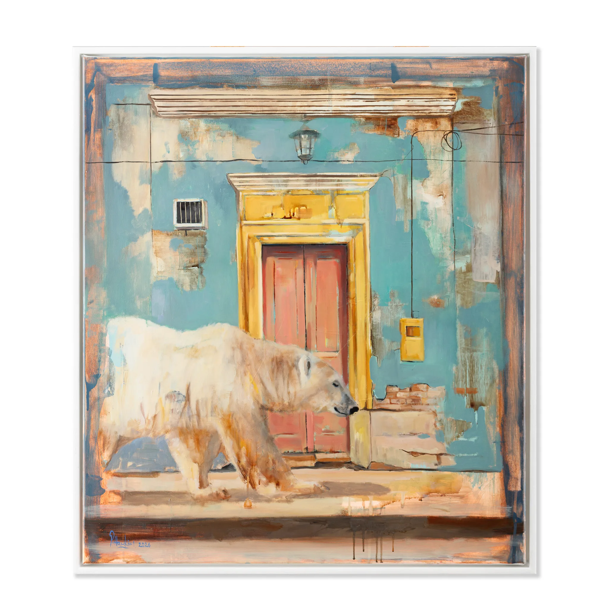 White dog standing before weathered turquoise building with red door