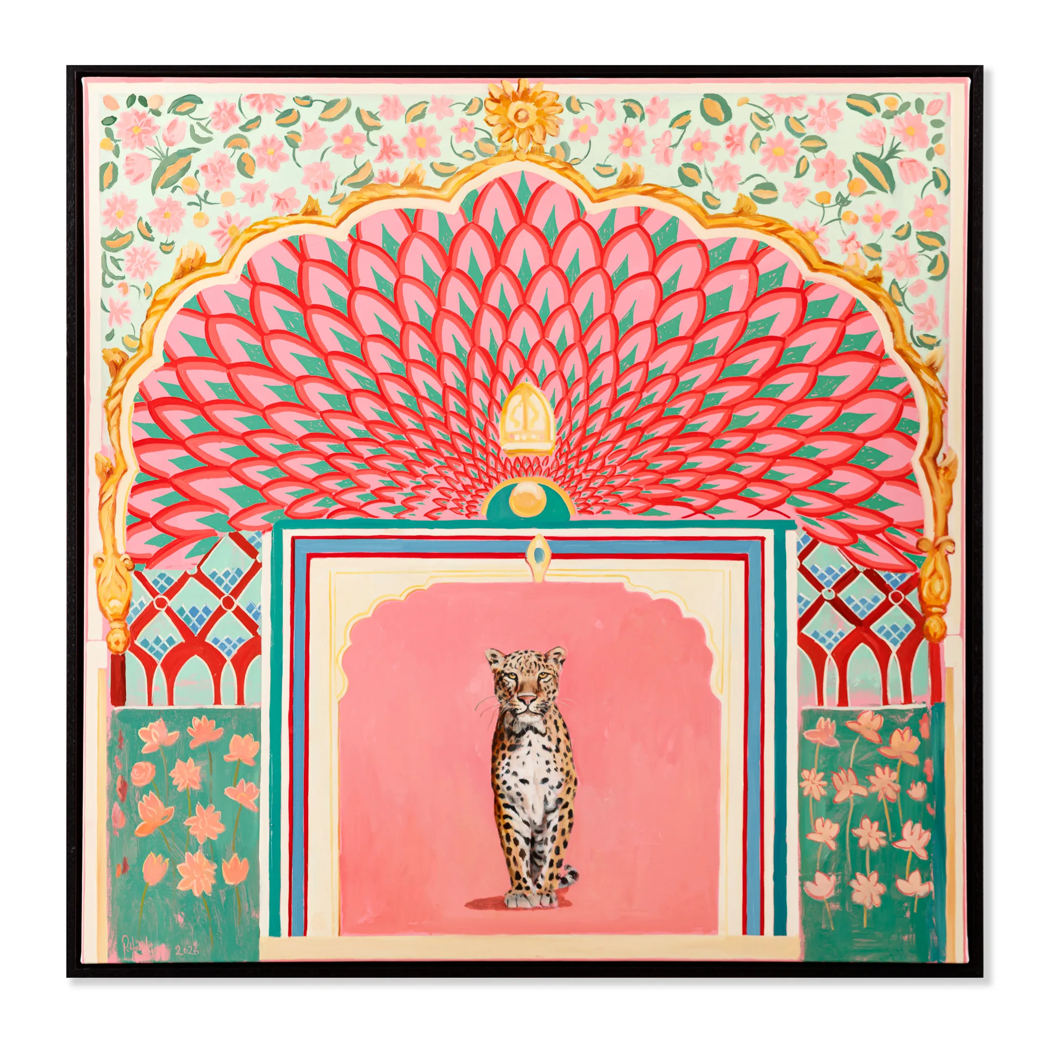 Leopard in ornate Mughal-inspired palace with pink floral design