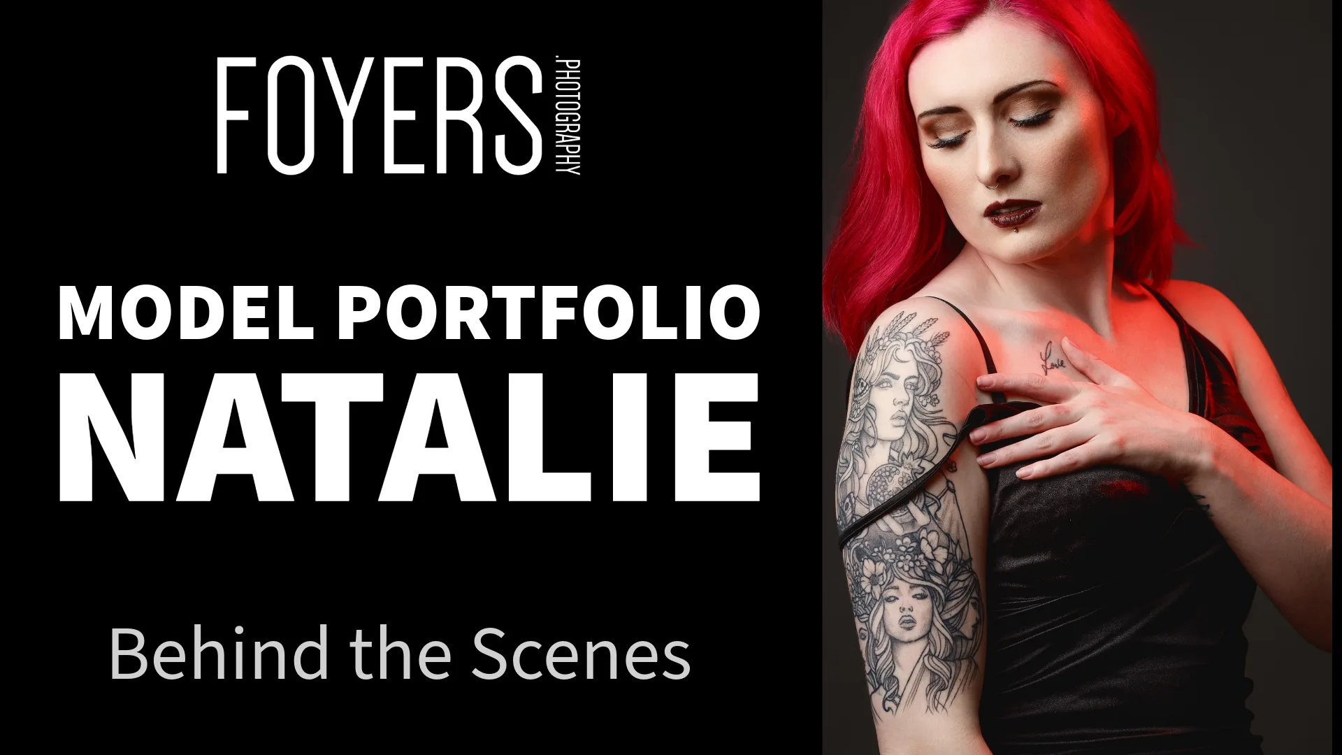 Red-haired tattooed model portfolio cover by Foyers Photography