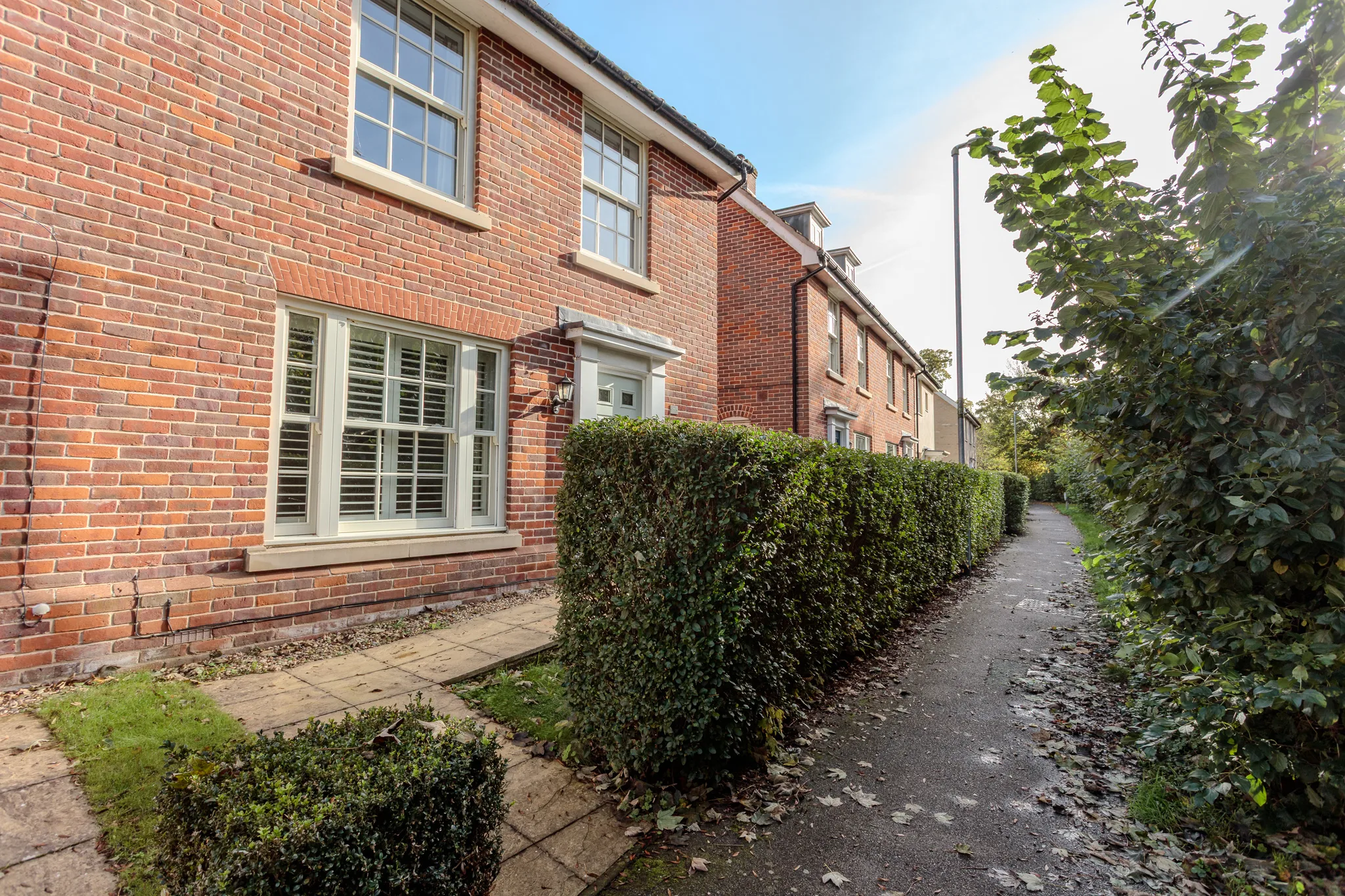 Red brick terraced houses with modern windows and hedges