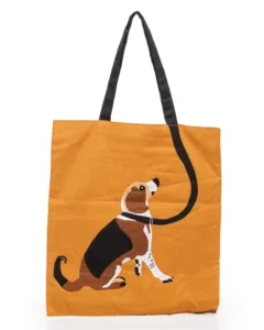 Orange tote bag with playful dog illustration and black handles