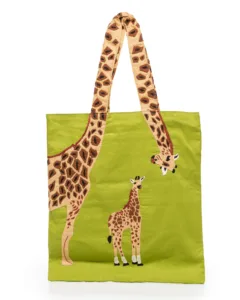 Green tote bag with adult and baby giraffe illustration