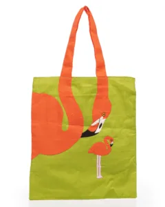 Green and orange tote bag with flamingo illustration design