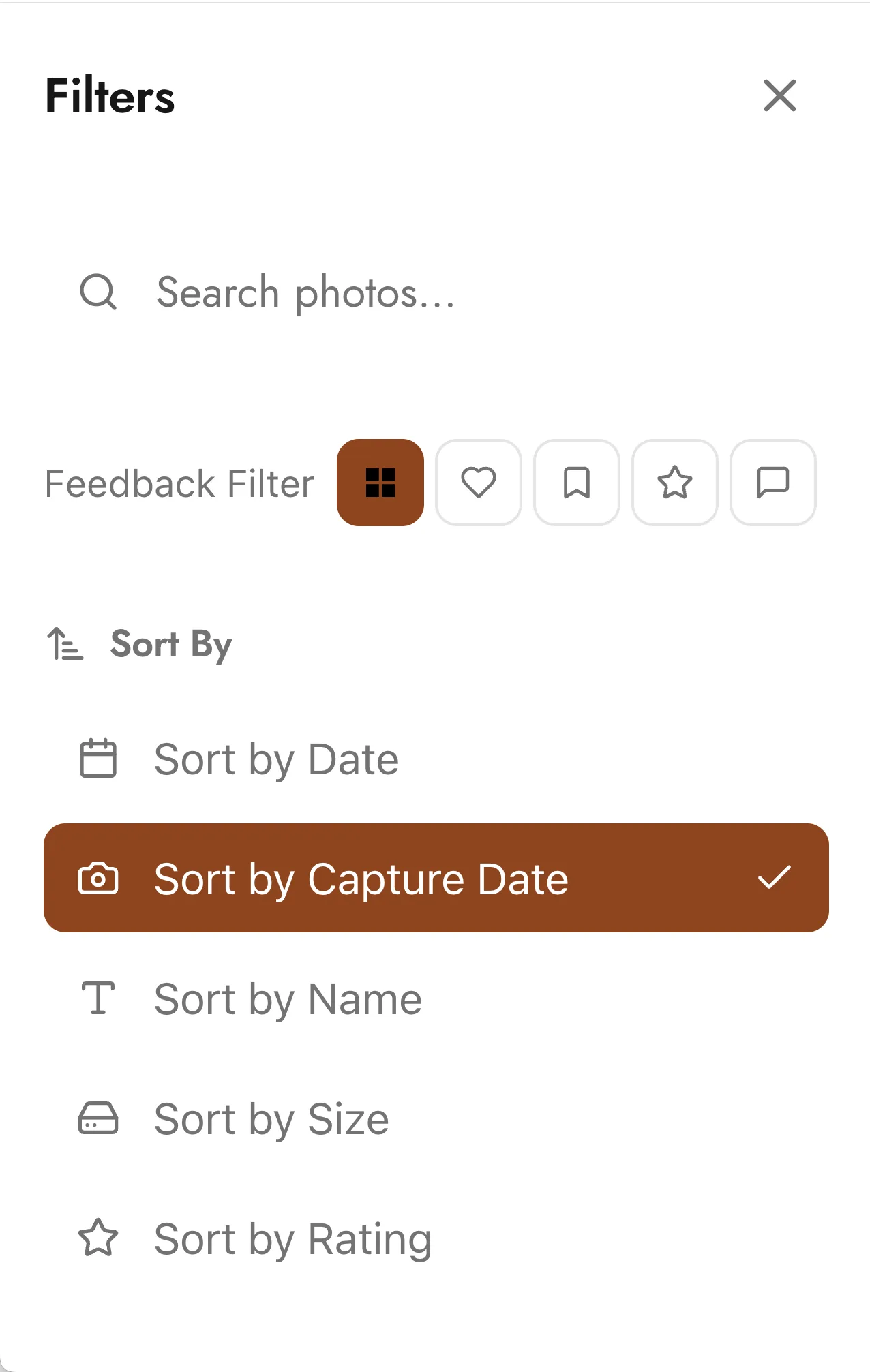 The gallery filter panel, with the star filter and the Sort by Rating option