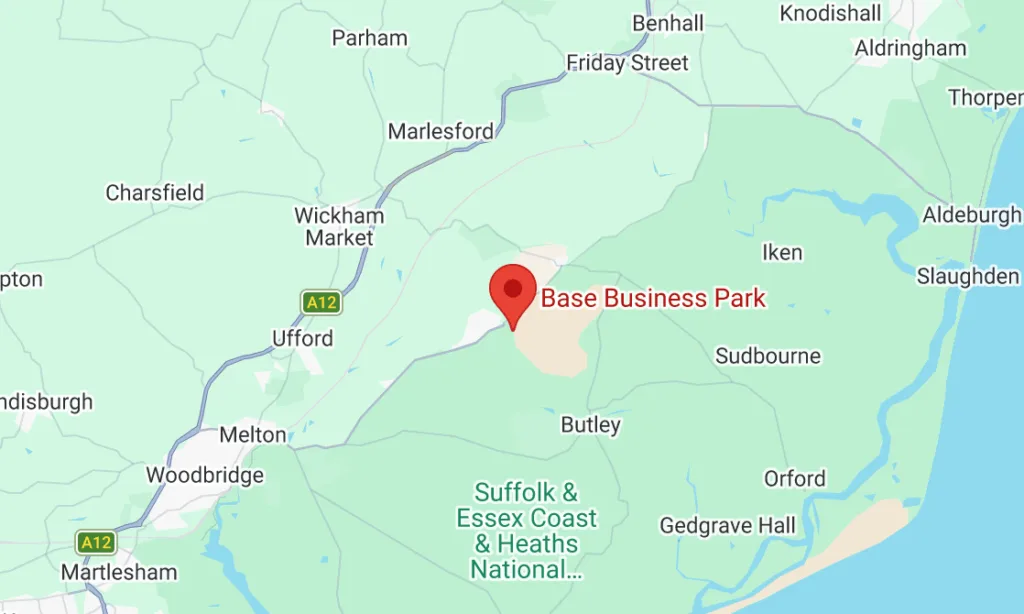 Map showing the Foyers Photography studio at Base Business Park, Rendlesham, between Woodbridge and Aldeburgh